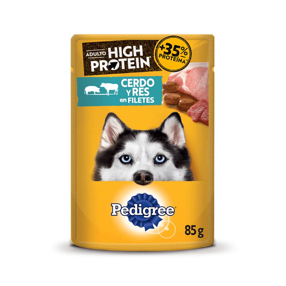 PEDIGREE POUCH HIGH PROTE CERDO Y RES X 85 GR