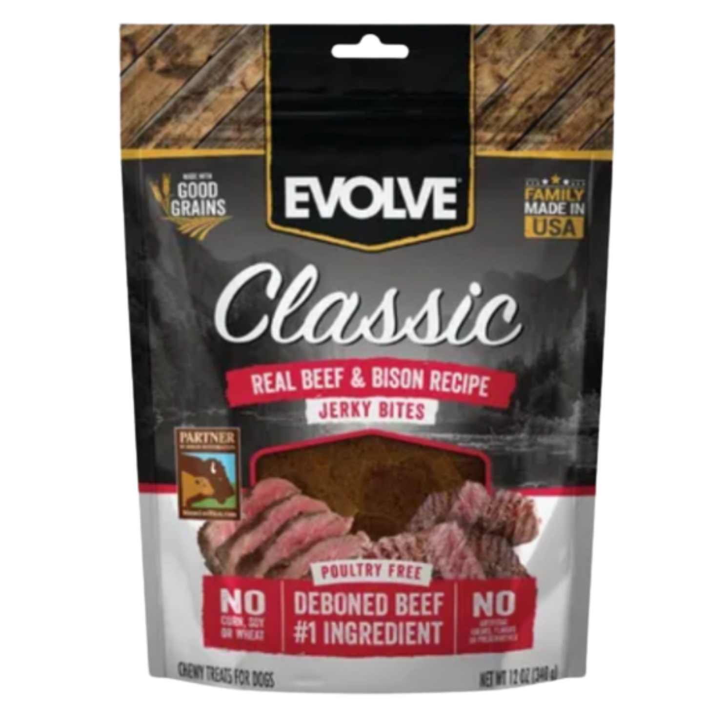 EVOLVE DOG SNACK CLASSIC JERKY BEEF & BISON 12 OZ - 340 GR