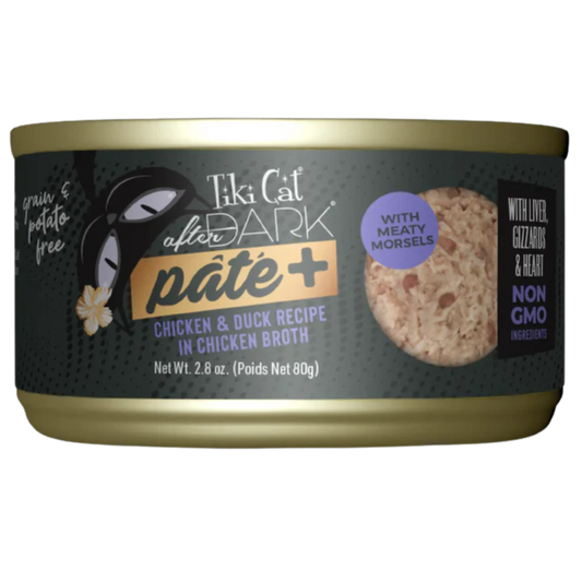 TIKI CAT AFTER DARK PATE PLUS POLLO Y PATO EN CALDO DE POLLO X 85 GR LATA