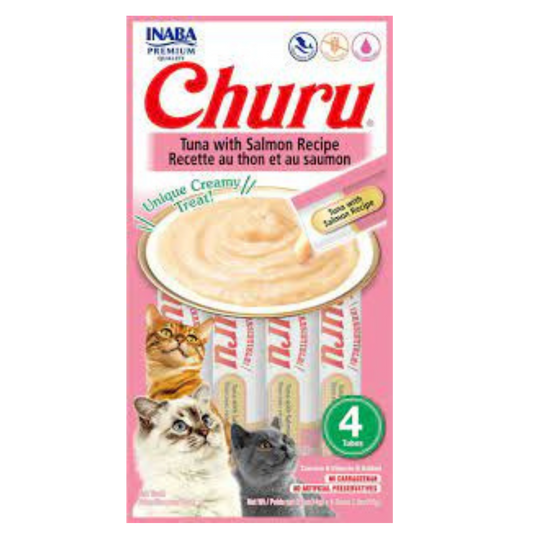 INABA CAT SNACK CHURU 4 PIEZAS -TUNA WITH SALMON -ATUN Y SALMON X 56 GR